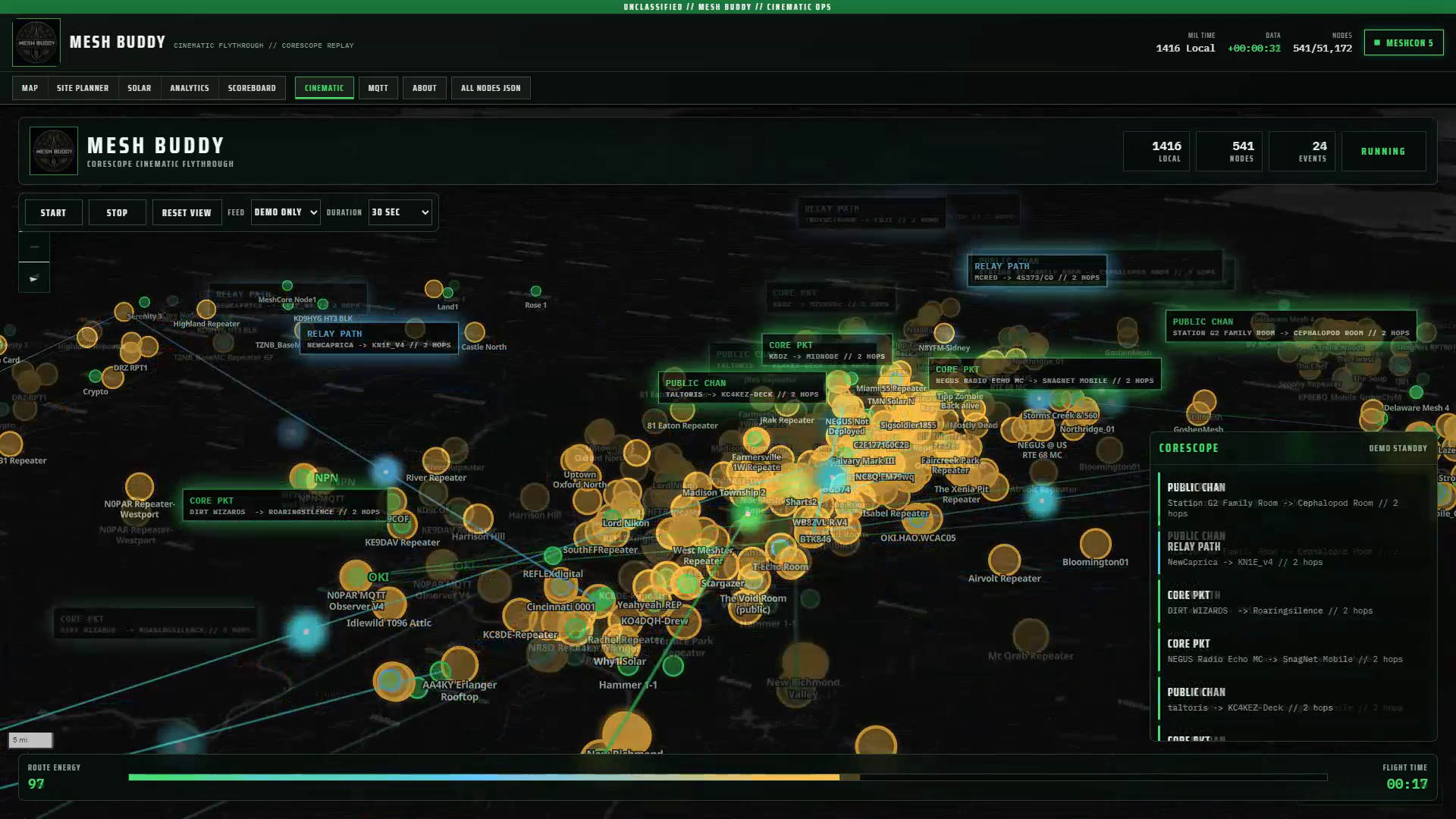 MeshBuddy cinematic map view with nodes and route activity
